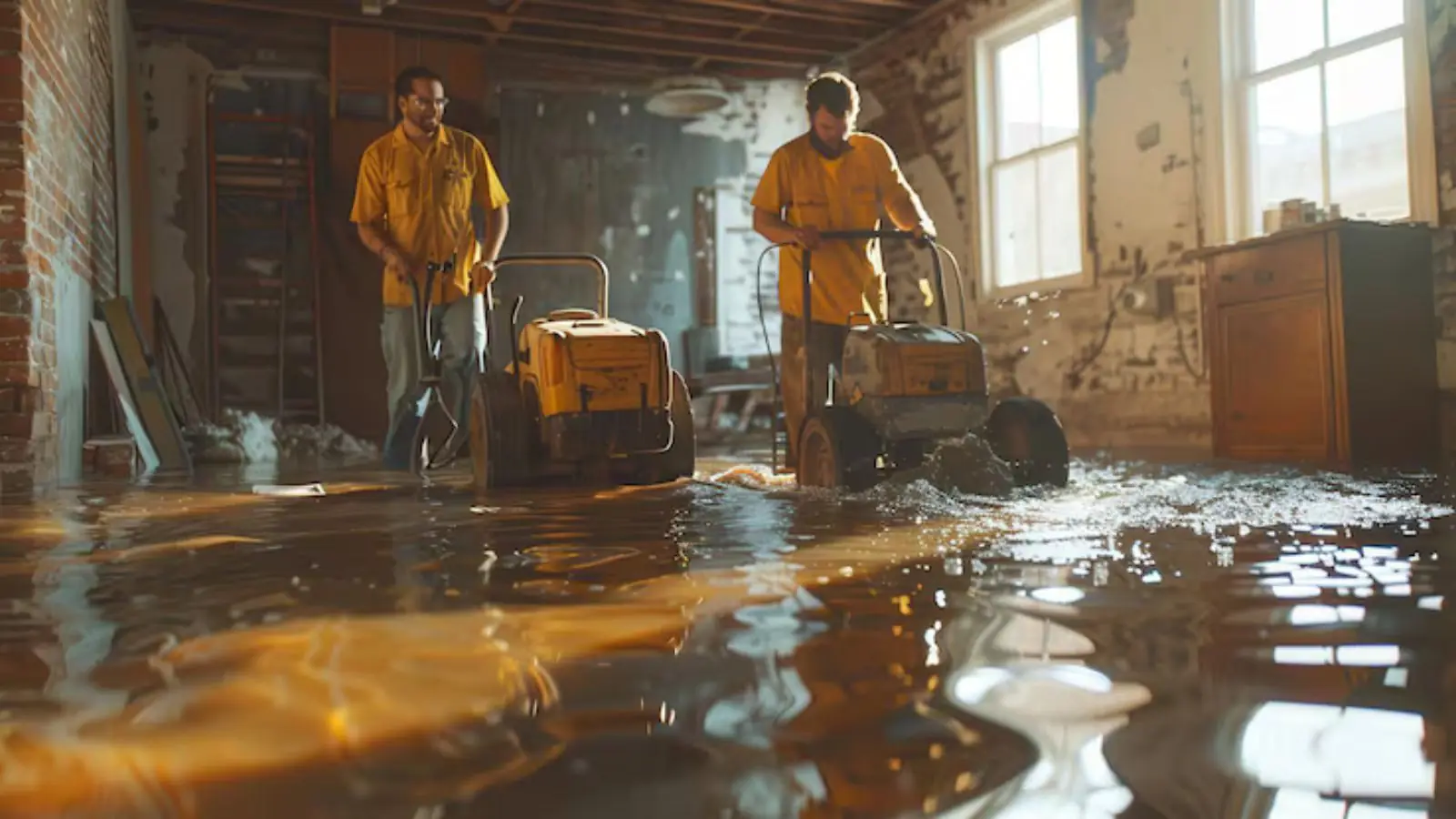 Two restoration workers operating floor equipment in a flooded room